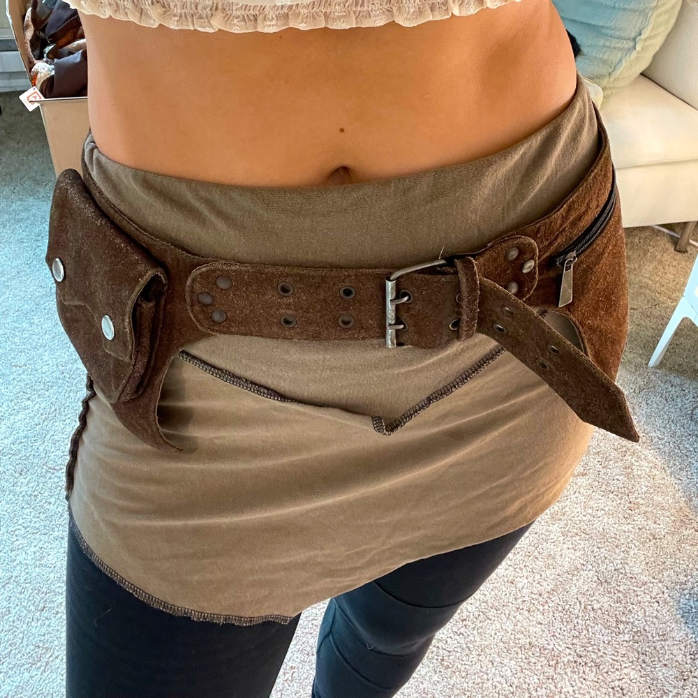 Brown Suede Leather Utility Belt Pockets Adjustable